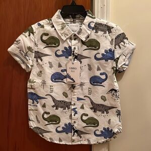 Dinosaur white Button Down 5-6 boys short sleeve top NWT